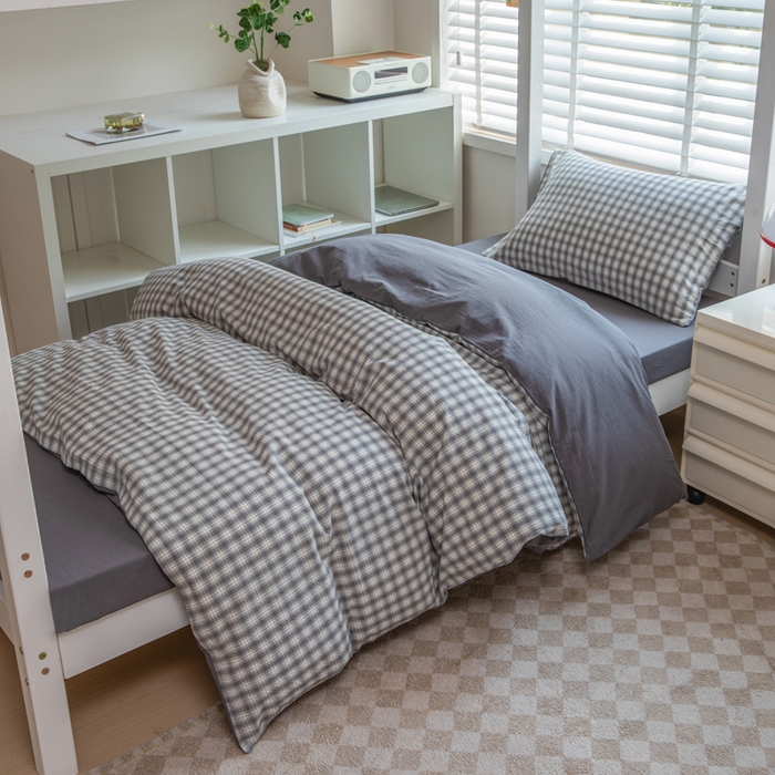 91家纺网 家纺一手货源 找家纺 柠萌家居 2025新款无印良品风色织水洗棉A类学生宿舍三件套 尚品灰