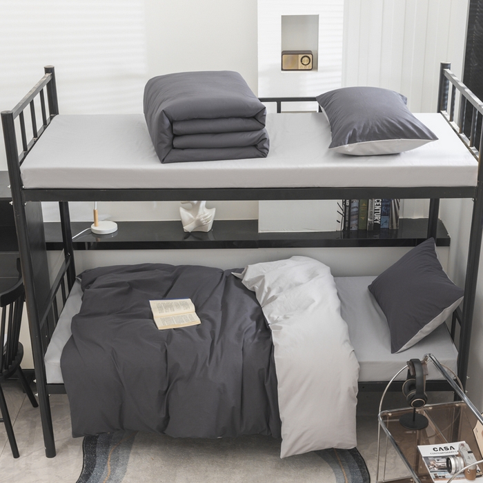 91家纺网 家纺一手货源 找家纺 柠萌家居 2025新款无印良品风色织水洗棉A类学生宿舍三件套 深灰浅灰