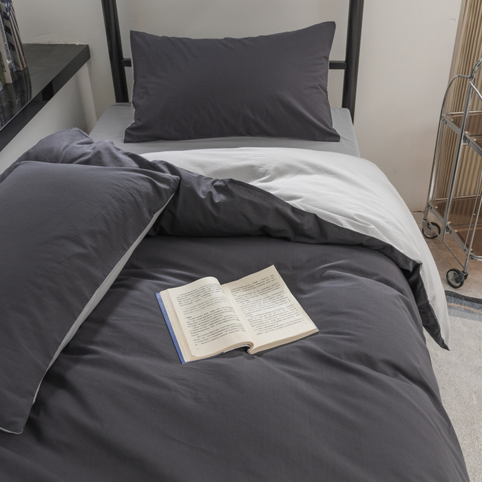 91家纺网 家纺一手货源 找家纺 柠萌家居 2025新款无印良品风色织水洗棉A类学生宿舍三件套 深灰浅灰