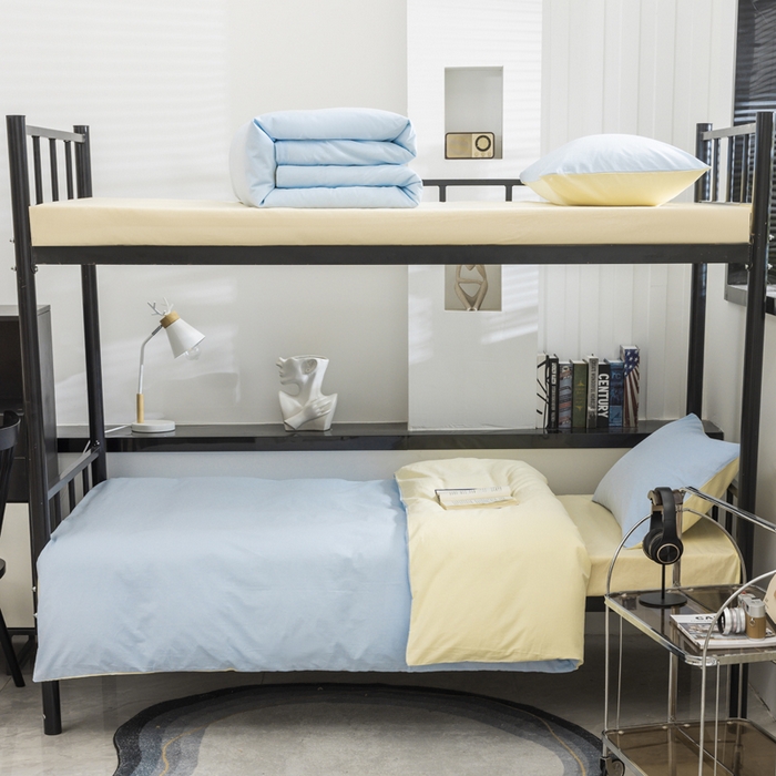 91家纺网 家纺一手货源 找家纺 柠萌家居 2025新款无印良品风色织水洗棉A类学生宿舍三件套 天蓝奶黄