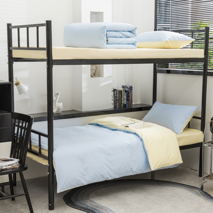 91家纺网 家纺一手货源 找家纺 柠萌家居 2025新款无印良品风色织水洗棉A类学生宿舍三件套 天蓝奶黄