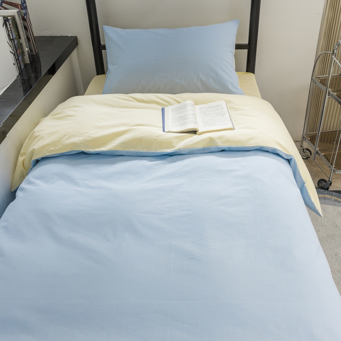 91家纺网 家纺一手货源 找家纺 柠萌家居 2025新款无印良品风色织水洗棉A类学生宿舍三件套 天蓝奶黄