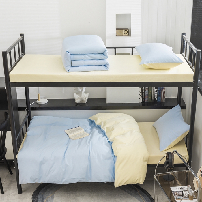 91家纺网 家纺一手货源 找家纺 柠萌家居 2025新款无印良品风色织水洗棉A类学生宿舍三件套 天蓝奶黄