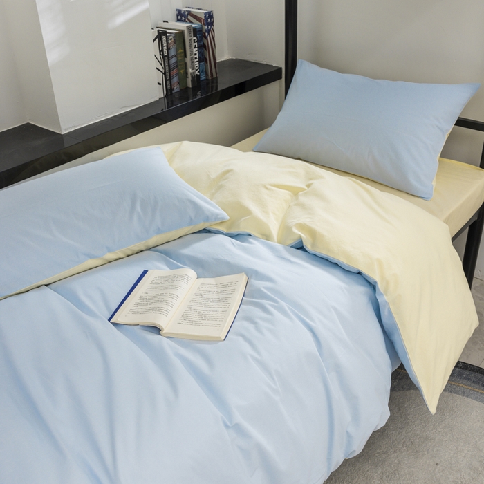 91家纺网 家纺一手货源 找家纺 柠萌家居 2025新款无印良品风色织水洗棉A类学生宿舍三件套 天蓝奶黄