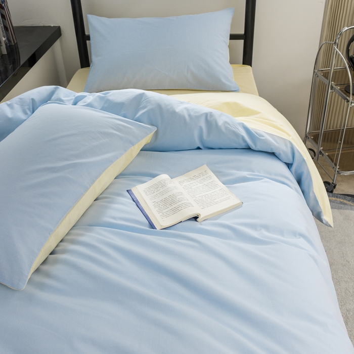 91家纺网 家纺一手货源 找家纺 柠萌家居 2025新款无印良品风色织水洗棉A类学生宿舍三件套 天蓝奶黄