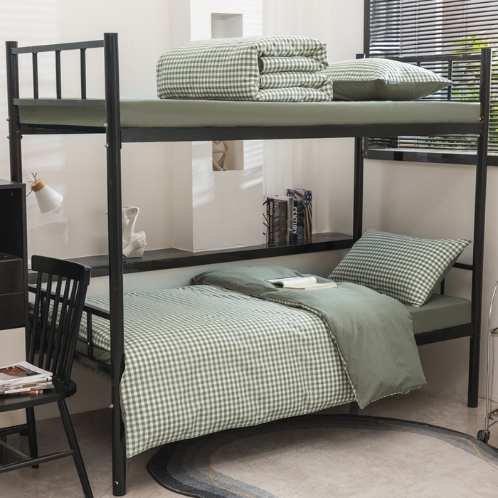 91家纺网 家纺一手货源 找家纺 柠萌家居 2025新款无印良品风色织水洗棉A类学生宿舍三件套 小格绿