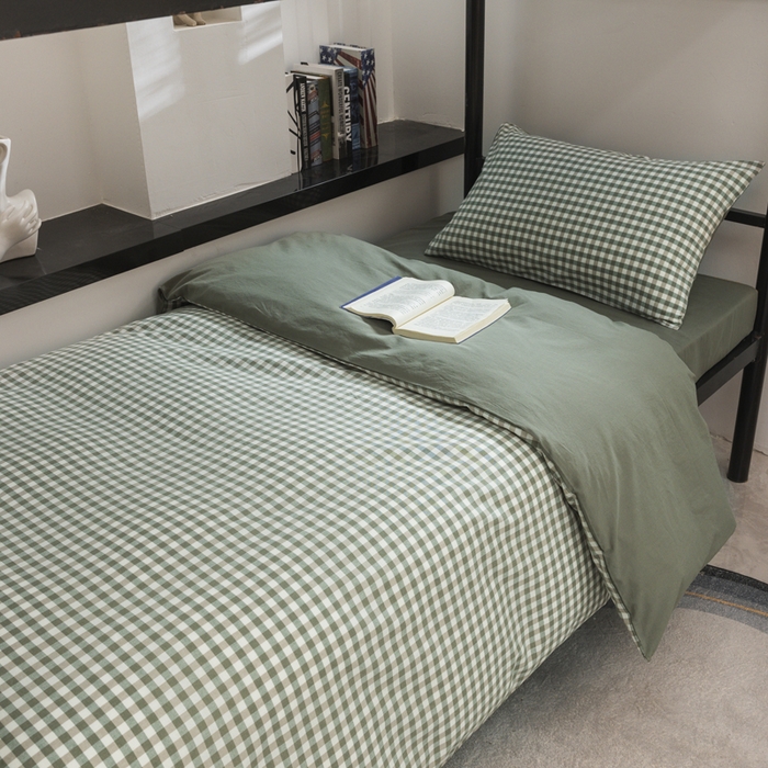 91家纺网 家纺一手货源 找家纺 柠萌家居 2025新款无印良品风色织水洗棉A类学生宿舍三件套 小格绿