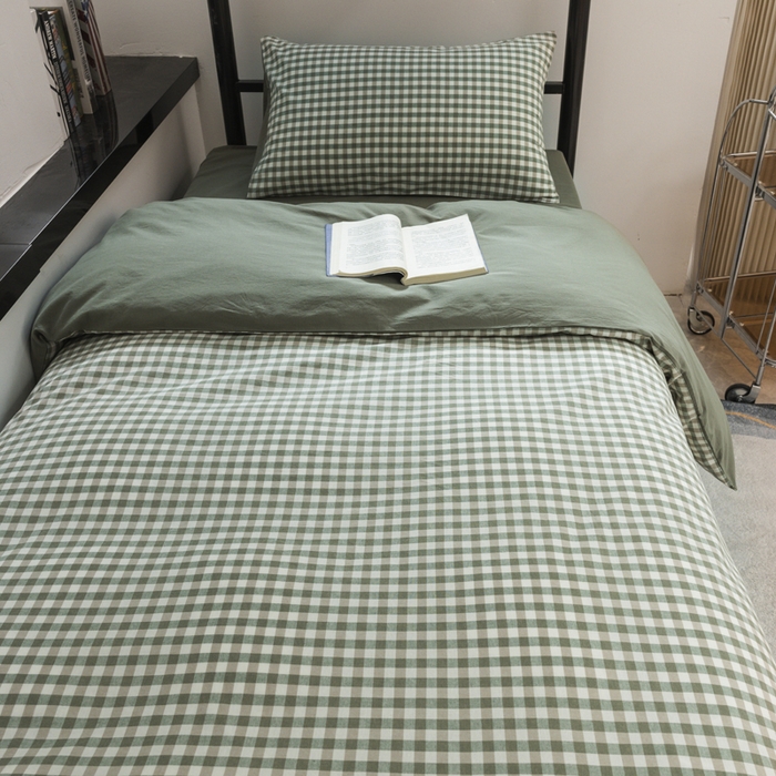 91家纺网 家纺一手货源 找家纺 柠萌家居 2025新款无印良品风色织水洗棉A类学生宿舍三件套 小格绿