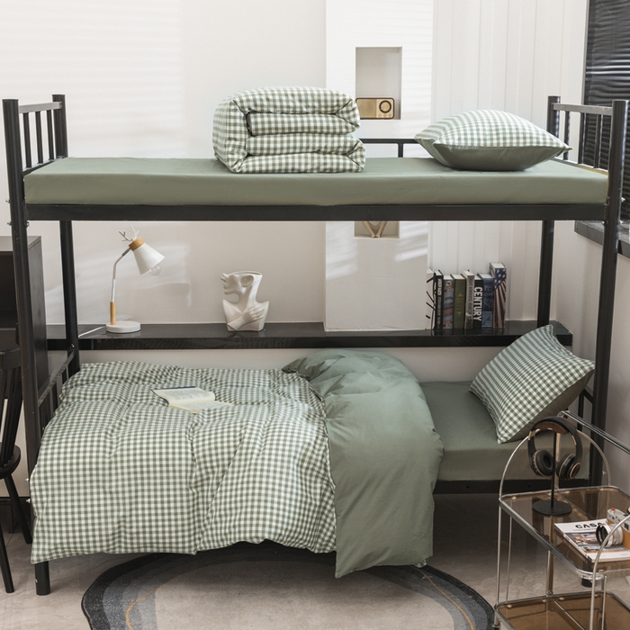 91家纺网 家纺一手货源 找家纺 柠萌家居 2025新款无印良品风色织水洗棉A类学生宿舍三件套 小格绿