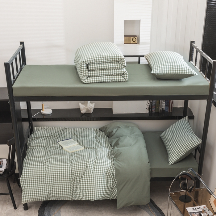 91家纺网 家纺一手货源 找家纺 柠萌家居 2025新款无印良品风色织水洗棉A类学生宿舍三件套 小格绿