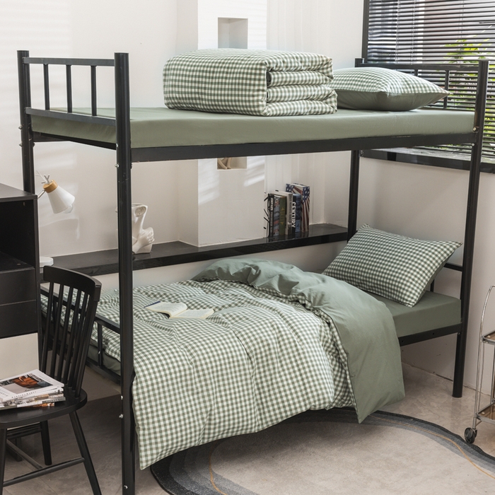 91家纺网 家纺一手货源 找家纺 柠萌家居 2025新款无印良品风色织水洗棉A类学生宿舍三件套 小格绿