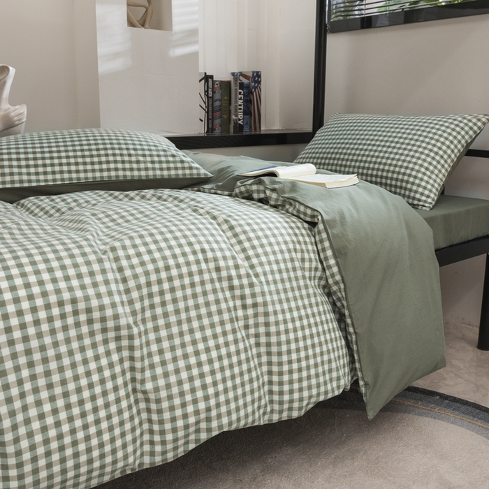 91家纺网 家纺一手货源 找家纺 柠萌家居 2025新款无印良品风色织水洗棉A类学生宿舍三件套 小格绿