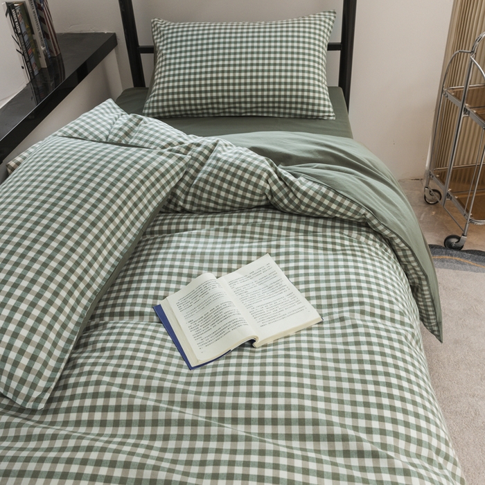 91家纺网 家纺一手货源 找家纺 柠萌家居 2025新款无印良品风色织水洗棉A类学生宿舍三件套 小格绿