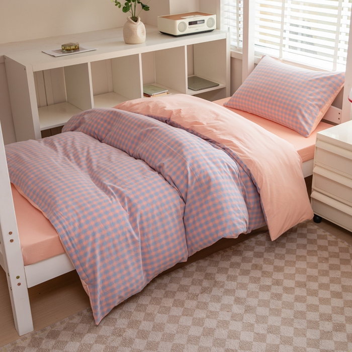 91家纺网 家纺一手货源 找家纺 柠萌家居 2025新款无印良品风色织水洗棉A类学生宿舍三件套 星辰蓝桔