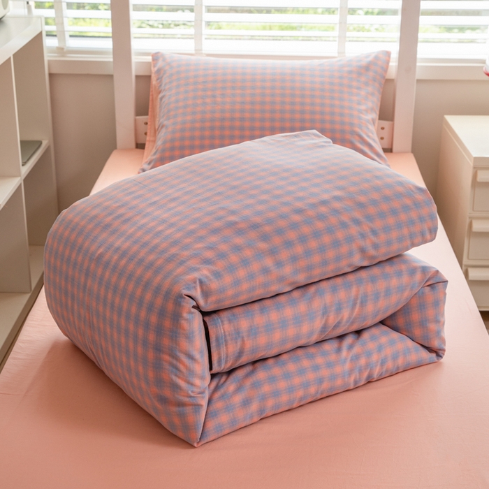 91家纺网 家纺一手货源 找家纺 柠萌家居 2025新款无印良品风色织水洗棉A类学生宿舍三件套 星辰蓝桔