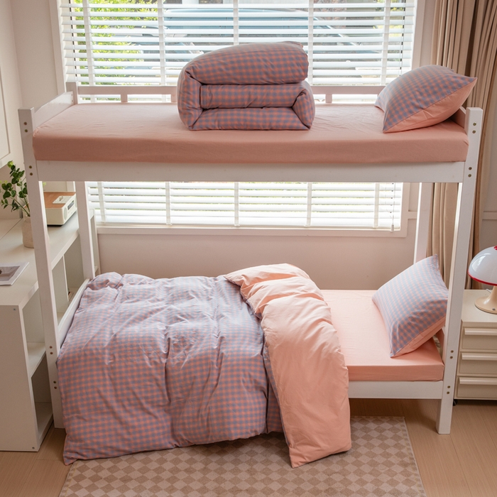 91家纺网 家纺一手货源 找家纺 柠萌家居 2025新款无印良品风色织水洗棉A类学生宿舍三件套 星辰蓝桔