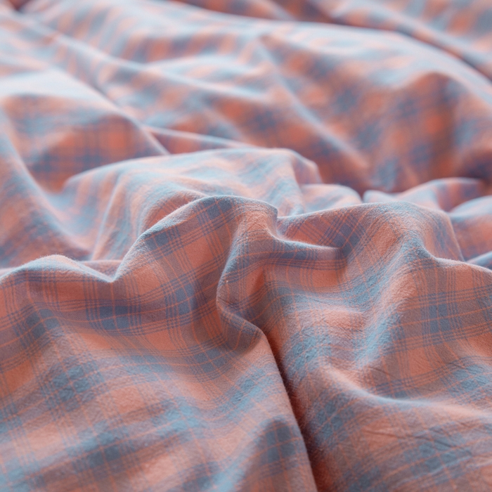 91家纺网 家纺一手货源 找家纺 柠萌家居 2025新款无印良品风色织水洗棉A类学生宿舍三件套 星辰蓝桔