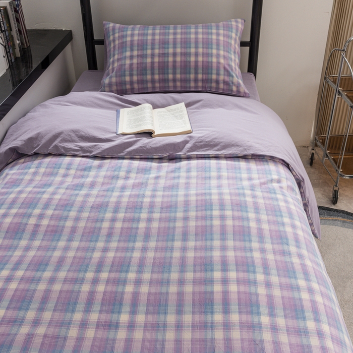 91家纺网 家纺一手货源 找家纺 柠萌家居 2025新款无印良品风色织水洗棉A类学生宿舍三件套 星空紫格