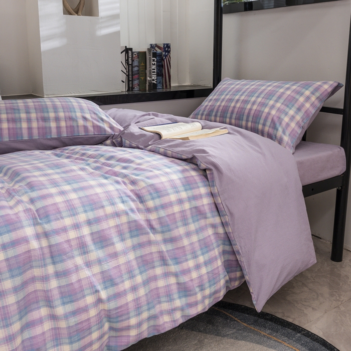 91家纺网 家纺一手货源 找家纺 柠萌家居 2025新款无印良品风色织水洗棉A类学生宿舍三件套 星空紫格