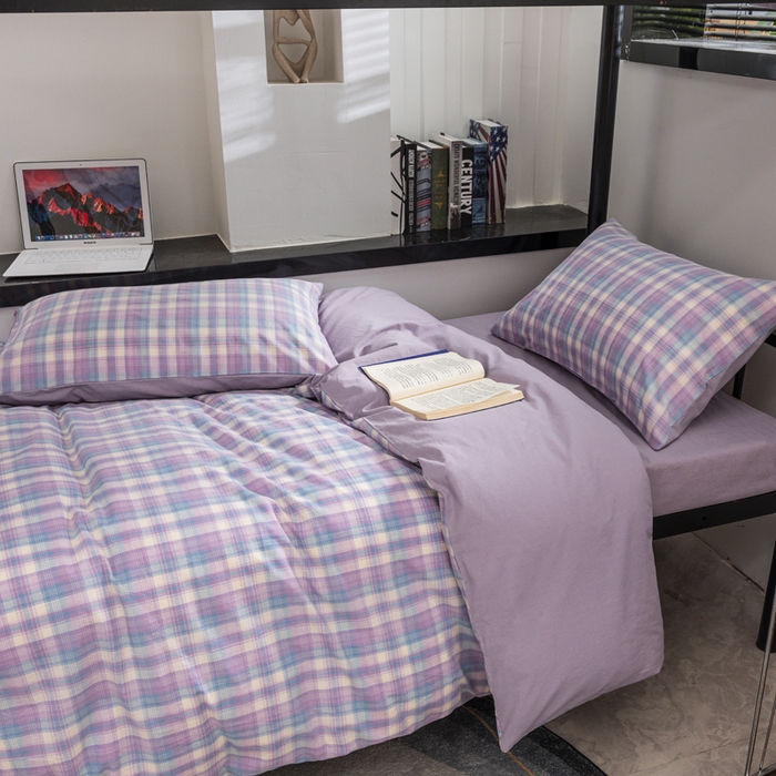 91家纺网 家纺一手货源 找家纺 柠萌家居 2025新款无印良品风色织水洗棉A类学生宿舍三件套 星空紫格