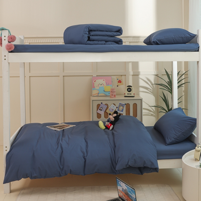 91家纺网 家纺一手货源 找家纺 柠萌家居 2025新款无印良品风色织水洗棉A类学生宿舍三件套 宝石蓝