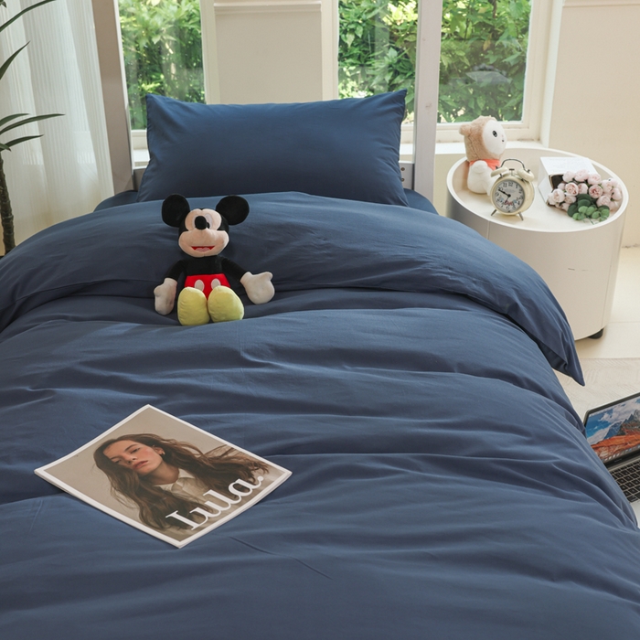 91家纺网 家纺一手货源 找家纺 柠萌家居 2025新款无印良品风色织水洗棉A类学生宿舍三件套 宝石蓝