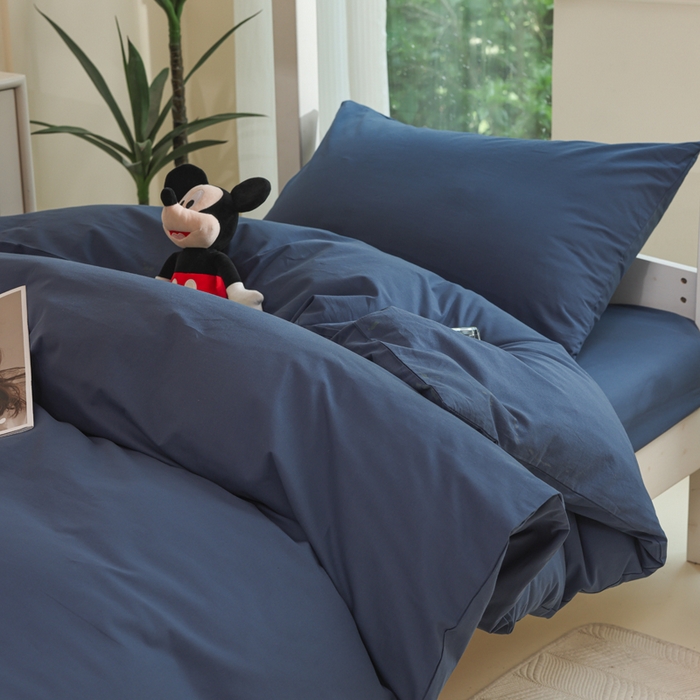 91家纺网 家纺一手货源 找家纺 柠萌家居 2025新款无印良品风色织水洗棉A类学生宿舍三件套 宝石蓝