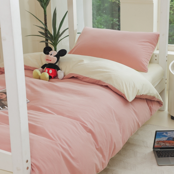 柠萌家居 2025新款无印良品风色织水洗棉A类学生宿舍三件套 豆沙+奶黄