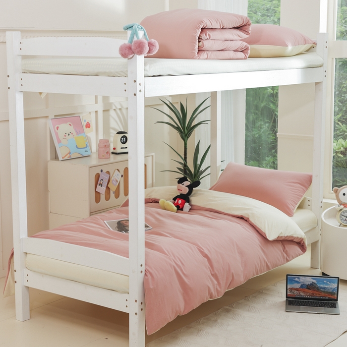 91家纺网 家纺一手货源 找家纺 柠萌家居 2025新款无印良品风色织水洗棉A类学生宿舍三件套 豆沙+奶黄