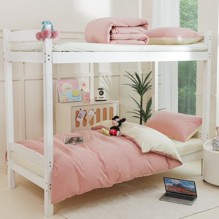 91家纺网 家纺一手货源 找家纺 柠萌家居 2025新款无印良品风色织水洗棉A类学生宿舍三件套 豆沙+奶黄