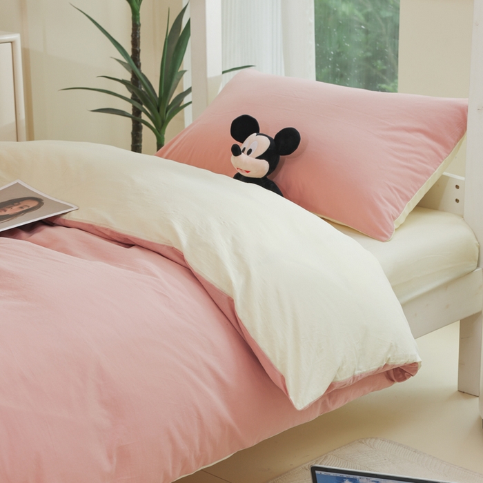 91家纺网 家纺一手货源 找家纺 柠萌家居 2025新款无印良品风色织水洗棉A类学生宿舍三件套 豆沙+奶黄