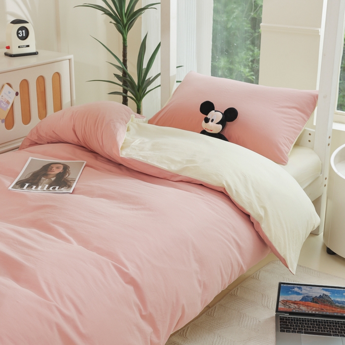 91家纺网 家纺一手货源 找家纺 柠萌家居 2025新款无印良品风色织水洗棉A类学生宿舍三件套 豆沙+奶黄