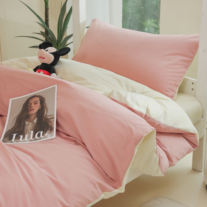 91家纺网 家纺一手货源 找家纺 柠萌家居 2025新款无印良品风色织水洗棉A类学生宿舍三件套 豆沙+奶黄