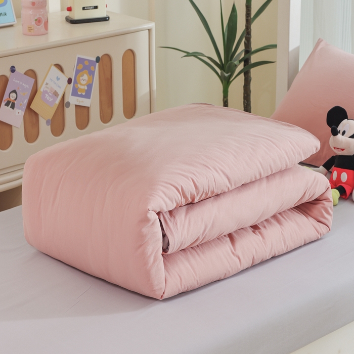 91家纺网 家纺一手货源 找家纺 柠萌家居 2025新款无印良品风色织水洗棉A类学生宿舍三件套 豆沙+浅灰