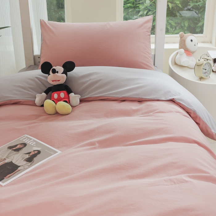 91家纺网 家纺一手货源 找家纺 柠萌家居 2025新款无印良品风色织水洗棉A类学生宿舍三件套 豆沙+浅灰