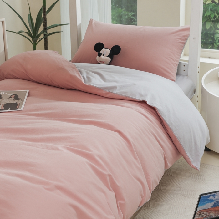 91家纺网 家纺一手货源 找家纺 柠萌家居 2025新款无印良品风色织水洗棉A类学生宿舍三件套 豆沙+浅灰