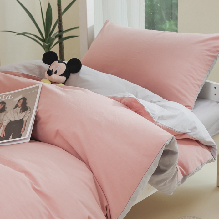 91家纺网 家纺一手货源 找家纺 柠萌家居 2025新款无印良品风色织水洗棉A类学生宿舍三件套 豆沙+浅灰