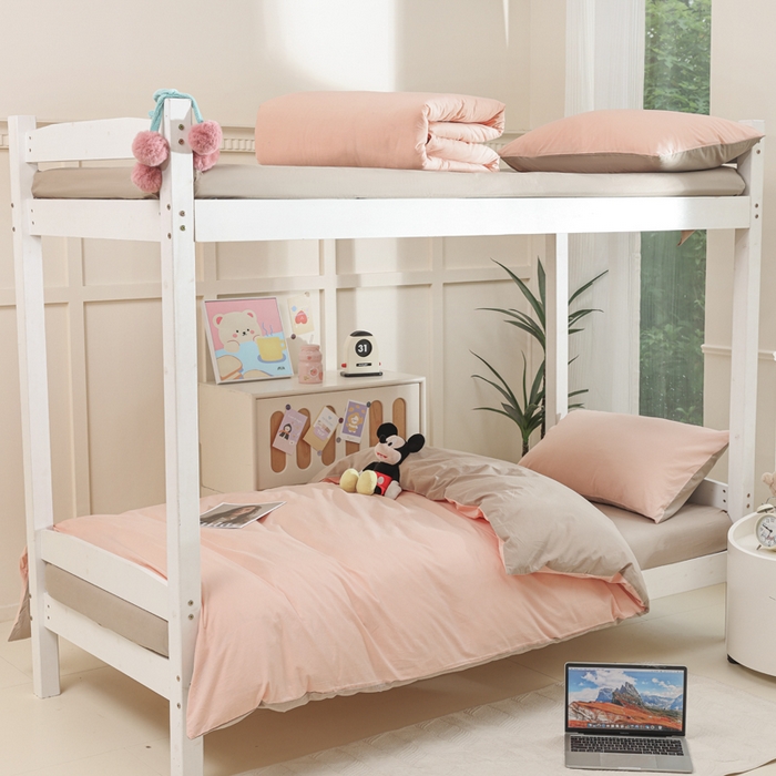 91家纺网 家纺一手货源 找家纺 柠萌家居 2025新款无印良品风色织水洗棉A类学生宿舍三件套 粉卡其