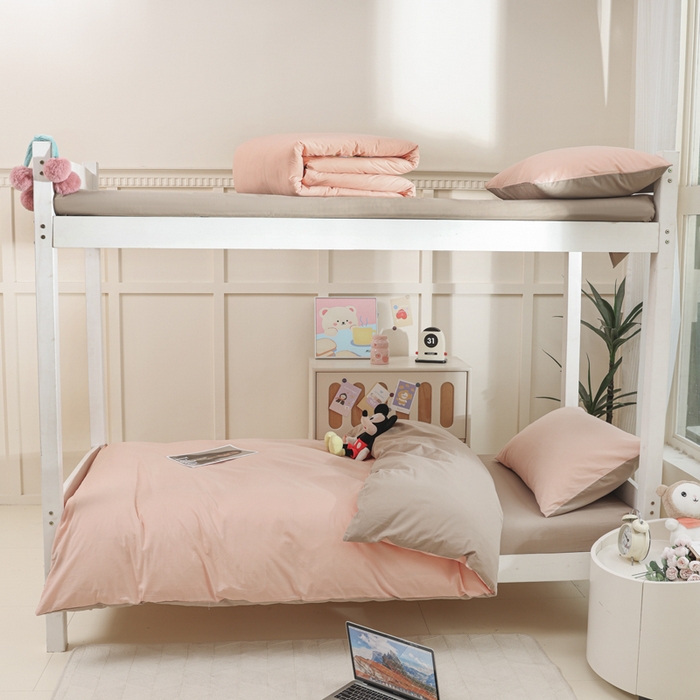 91家纺网 家纺一手货源 找家纺 柠萌家居 2025新款无印良品风色织水洗棉A类学生宿舍三件套 粉卡其