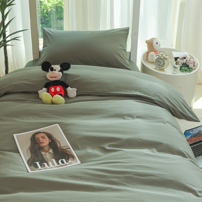 91家纺网 家纺一手货源 找家纺 柠萌家居 2025新款无印良品风色织水洗棉A类学生宿舍三件套 军绿色