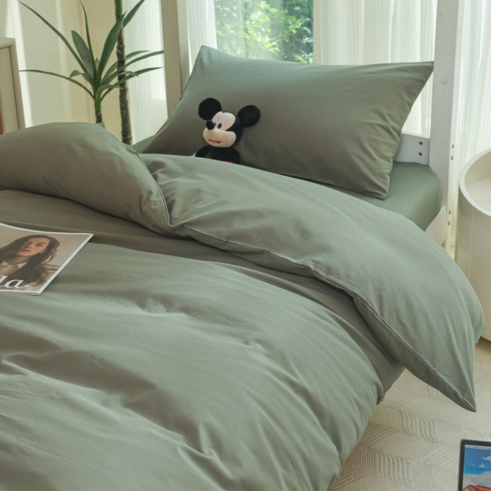 91家纺网 家纺一手货源 找家纺 柠萌家居 2025新款无印良品风色织水洗棉A类学生宿舍三件套 军绿色