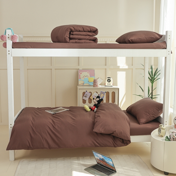 91家纺网 家纺一手货源 找家纺 柠萌家居 2025新款无印良品风色织水洗棉A类学生宿舍三件套 摩卡色