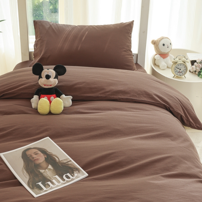 91家纺网 家纺一手货源 找家纺 柠萌家居 2025新款无印良品风色织水洗棉A类学生宿舍三件套 摩卡色