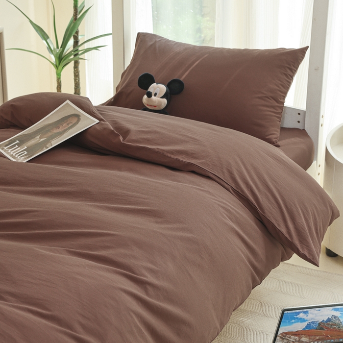 91家纺网 家纺一手货源 找家纺 柠萌家居 2025新款无印良品风色织水洗棉A类学生宿舍三件套 摩卡色