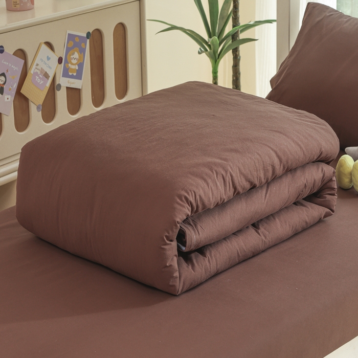 91家纺网 家纺一手货源 找家纺 柠萌家居 2025新款无印良品风色织水洗棉A类学生宿舍三件套 摩卡色