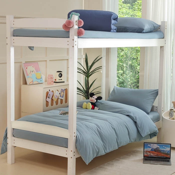 91家纺网 家纺一手货源 找家纺 柠萌家居 2025新款无印良品风色织水洗棉A类学生宿舍三件套 浅蓝