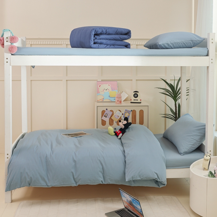 91家纺网 家纺一手货源 找家纺 柠萌家居 2025新款无印良品风色织水洗棉A类学生宿舍三件套 浅蓝