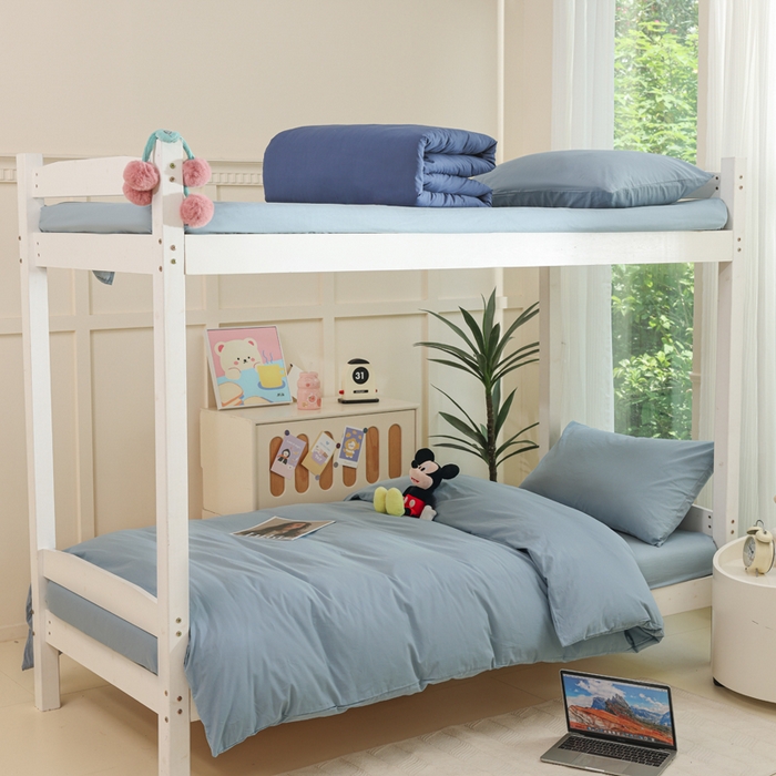 91家纺网 家纺一手货源 找家纺 柠萌家居 2025新款无印良品风色织水洗棉A类学生宿舍三件套 浅蓝