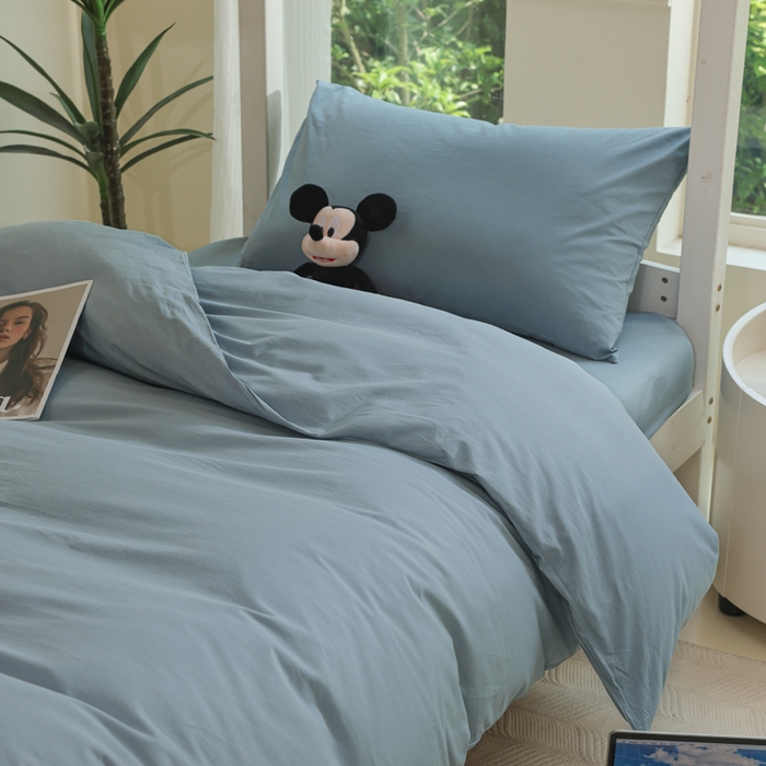 91家纺网 家纺一手货源 找家纺 柠萌家居 2025新款无印良品风色织水洗棉A类学生宿舍三件套 浅蓝