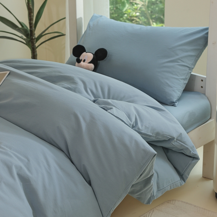 91家纺网 家纺一手货源 找家纺 柠萌家居 2025新款无印良品风色织水洗棉A类学生宿舍三件套 浅蓝